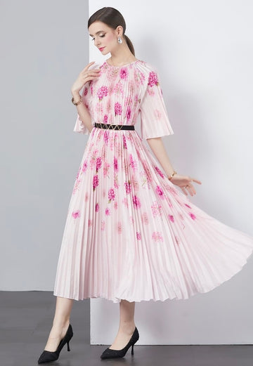 Floral Pleated Dress With Belt - Pink